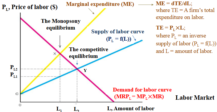 <p>To maximize profit, the monopsony firm hires quantity L1, where marginal expenditure and MRPL intersect (point X). Marginal benefit = marginal expenditure</p>