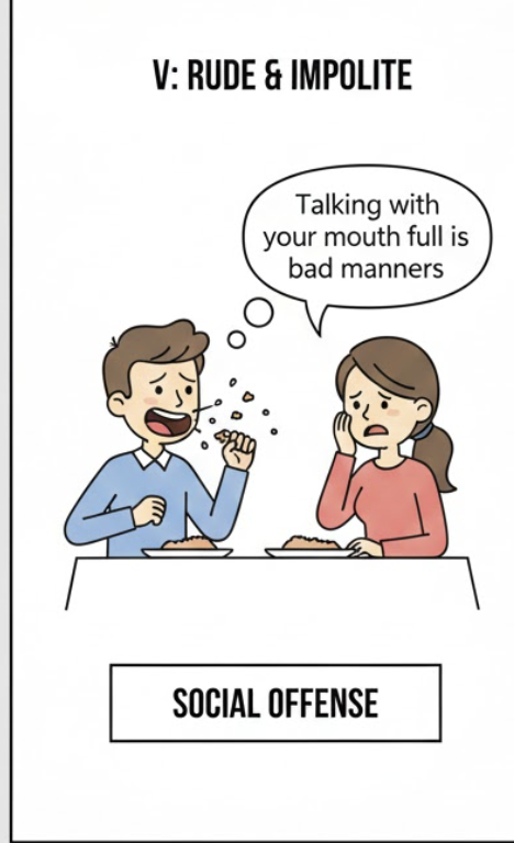 <p>Not behaving politely in social situations. </p><ul><li><p>(<strong>Không có phép tắc, vô lịch sự, thiếu giáo dục</strong>).</p></li></ul><p>Dạng liên quan:</p><ul><li><p><strong>Well-mannered</strong> (Adj): Có giáo dục/Lịch thiệp. </p></li><li><p><strong>Ill-mannered</strong> (Adj): Thô lỗ. </p></li><li><p><strong>Etiquette</strong> (Noun): Nghi thức xã giao.</p></li></ul><p>Chú ý:</p><ul><li><p><strong>Rất thẳng thừng.</strong> Dùng để phê phán nên cần cẩn trọng nếu Chú không muốn gây gổ.</p></li></ul><p></p>