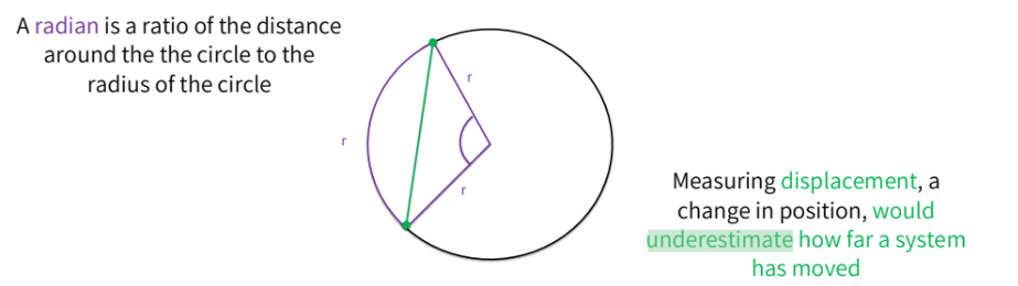 <p>measuring displacement, a change in position, would <strong>underestimate </strong>how far a system has moved</p><ul><li><p>in order to account for angular movement, we take into account the total amount of linear movement (distance), not the displacement</p></li><li><p>a radian is the ratio of the distance around the circle to the radius of the circle</p></li></ul><p></p>
