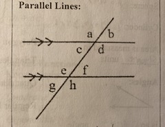 a is congruent to: d, e, h
a is supplementary to: b, c, f, g