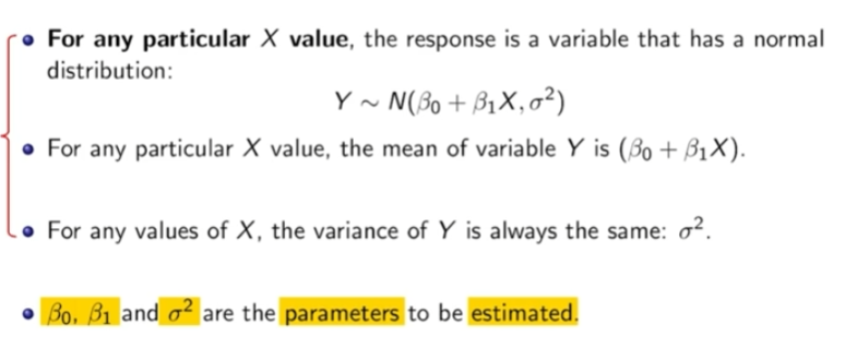 <ul><li><p>Data were obtained by randomization</p></li><li><p>Relationship between X and Y is linear (Scatter Plot)</p></li><li><p>$$\varepsilon$$ must be normally distributed with mean of 0 and constant variance</p></li></ul><p></p>