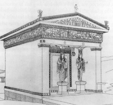 <p>Two supports (either columns or statues) between two walls</p>