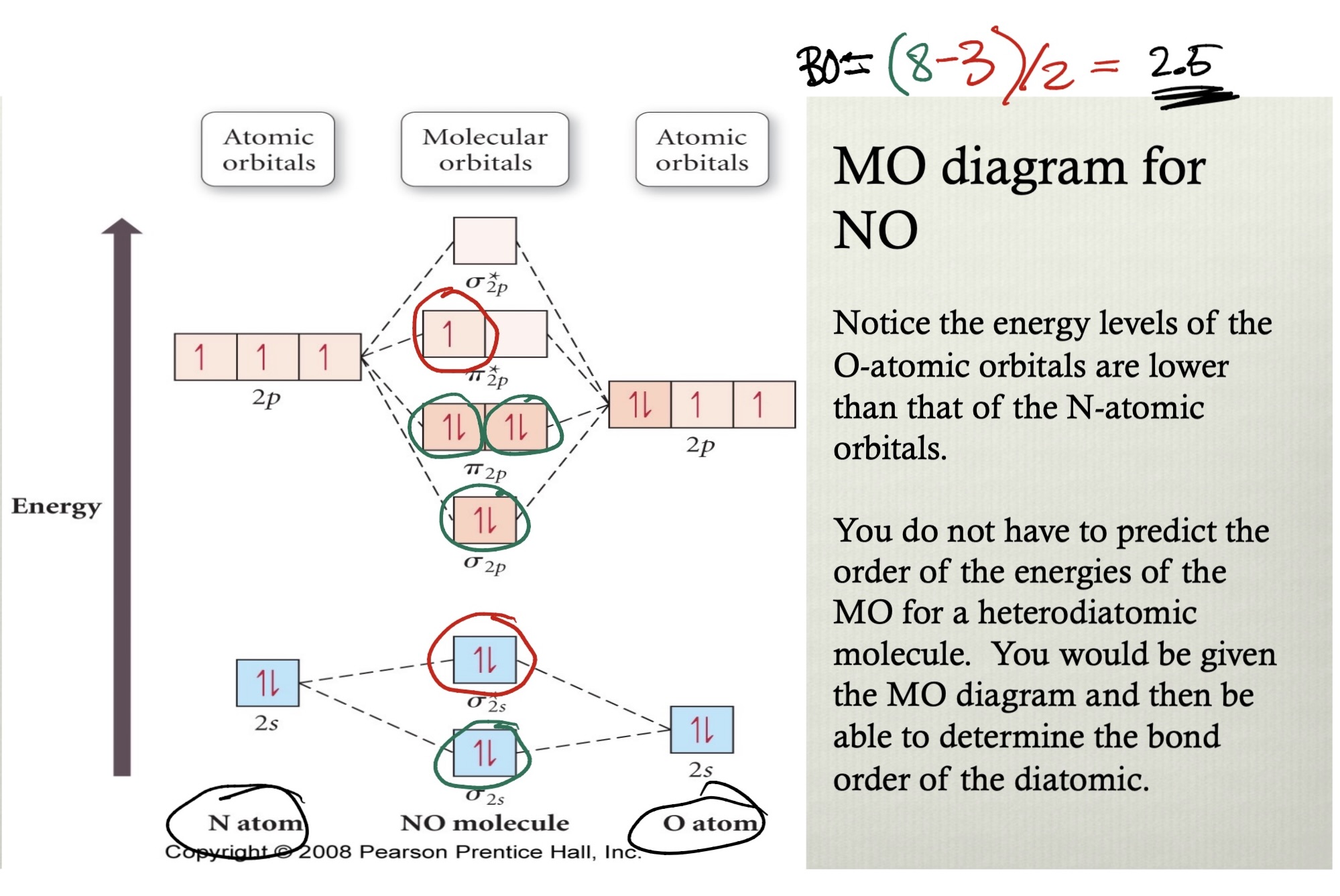 <ul><li><p>energies of O-atomic orbitals are lower than that of the N-atomic orbitals </p></li></ul><p></p>
