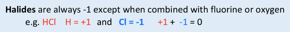 <ul><li><p>-1</p></li><li><p>except when combined w/ F or O</p></li></ul><p></p>