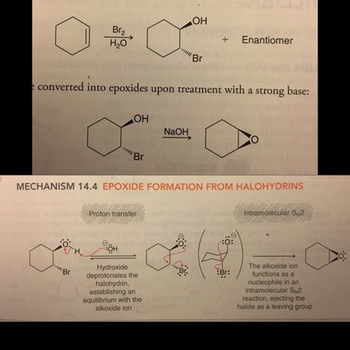 <p>Cyclization (intramolecular): Cycloalkene + halohydrin X2/H2O -&gt; Cyclo-halohydrin -&gt; SN2 w/ NaOH -&gt; cyclic epoxide</p>