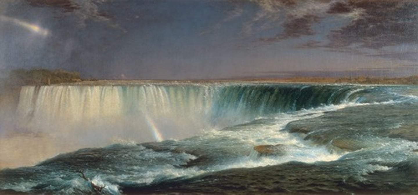 <p>Friedrich Edwin Church, 1857. Large-scale painting with unusual, powerful viewpoint of the Niagara Falls. Visual power of the American landscapes</p>