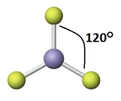 <ul><li><p>Electron Pair Geometry: trigonal planar (3 electron regions)</p></li><li><p># Electron Bonding Regions: 3</p></li><li><p># Lone Pairs: 0</p></li><li><p>Bond Angle: 120</p></li></ul><p></p>