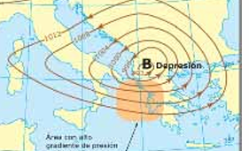 <p>Vientos de bajas presiones (<strong>centro de bajas presiones </strong>en centro de borrasca) de sentido de giro antihorario en el hemisferio norte. En altura son <strong>divergentes</strong> y superficie <strong>convergentes</strong>.</p><p>Ascenso de aire cálido y húmedo, formación de lluvias, se representa mediante la letra B o L.</p><p></p>