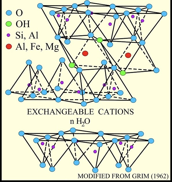<p>a group of clay minerals having a <strong>three-layer</strong> structure consisting of two silica layers with an alumina layer between, characterized by <strong>expandability</strong> and relatively high base exchange</p><ul><li><p>Chemical Composition: <strong>(OH)<sub>4</sub>Si<sub>8</sub>Al<sub>4</sub>O<sub>20&nbsp;</sub>• nH<sub>2</sub>O</strong></p></li></ul><ul><li><p>Common smectite clay minerals include montmorillonite, bentonite, and saponite.</p></li></ul><p></p>