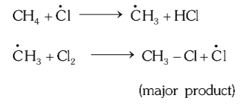 <p>Sort of like that.</p><p>The free radicals formed thus react with other non-fissioned reactant molecules in simple substitution reactions, leaving still free radicals at the end</p>
