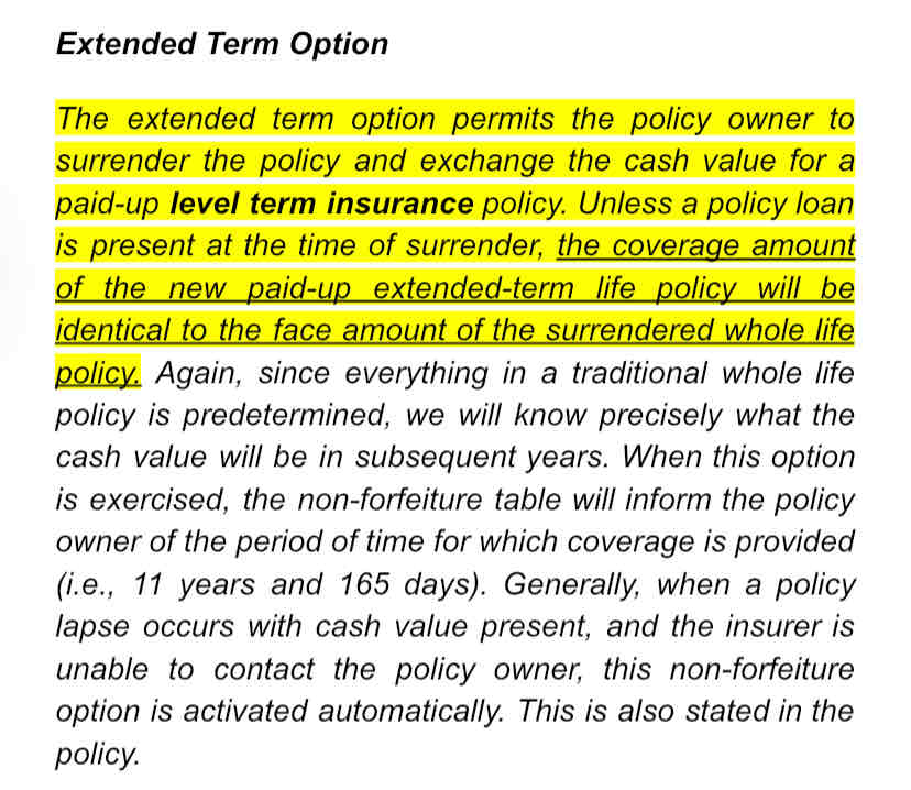 <p>Dorian exercised a nonforfeiture option by using his life policy's cash value to purchase an extended term insurance option. When the term insurance expires,</p><ul><li><p>he has the option of resuming the original policy and paying the same premium</p></li><li><p>the coverage can be extended with a lump sum payment</p></li><li><p>﻿﻿all remaining cash values are paid to the policyowner</p></li><li><p>the protection ends</p></li></ul>