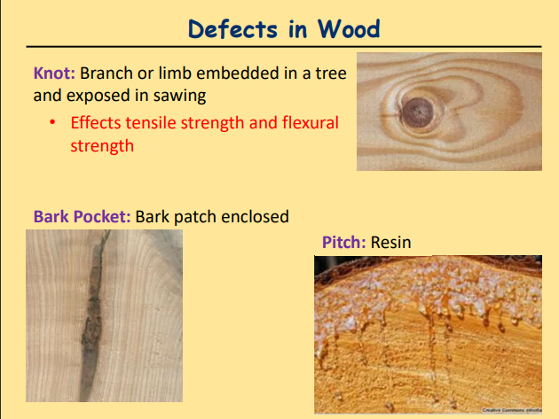 <p>Knot: Branch or limb embedded in a tree </p><p>and exposed in sawing</p><p>• Effects tensile strength and flexural </p><p>strength</p>