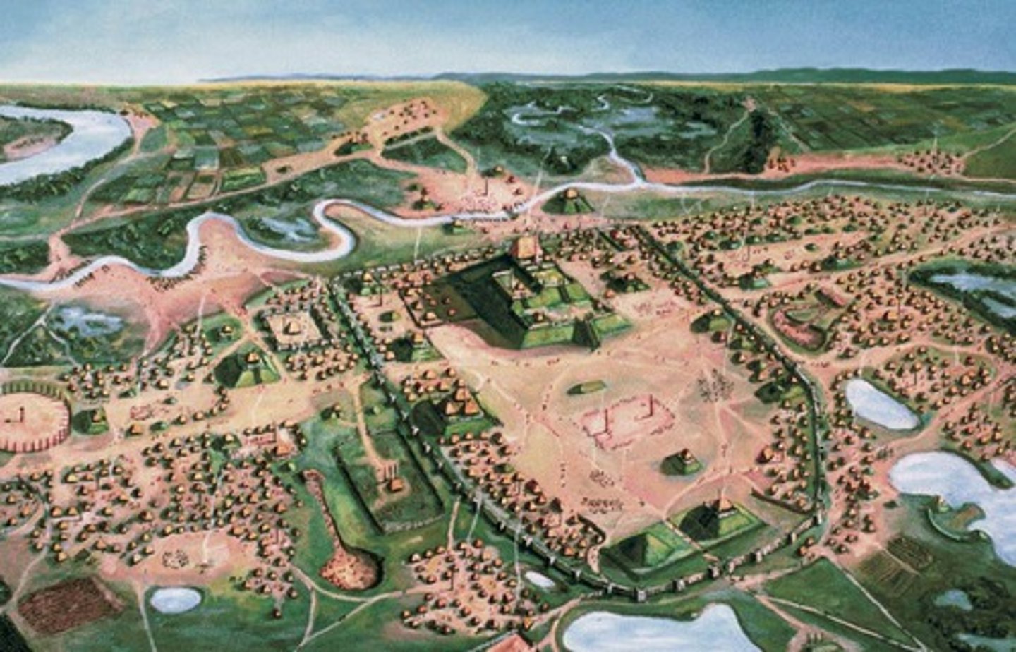 <p>(Mississippians)</p><p>-The dominant center of an important Mississippi valley mound-building culture</p><p>-located near present-day St. Louis, Missouri</p><p>-flourished from about 900 to 1250 C.E.</p><p>-Center of the American Web</p><p>-they had trade items from all over the area</p>