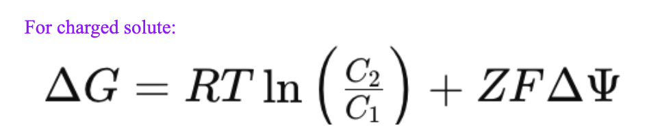 <p>Same equation for an uncharged solute plus Z (charge) times F (faradays) times membrane potential</p>
