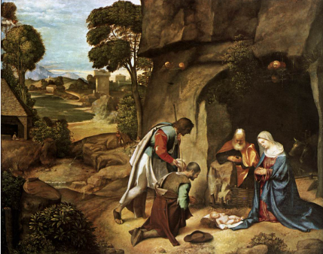 <p><span>depicts the bible story of the shepherds visiting Jesus as a baby. Linear perspective is used as well as contrast between coloring. Bushes = joy of jesus’ birth</span></p><p><span>Mary and jesus should be in the center, but are not; Left room for more landscape</span></p>