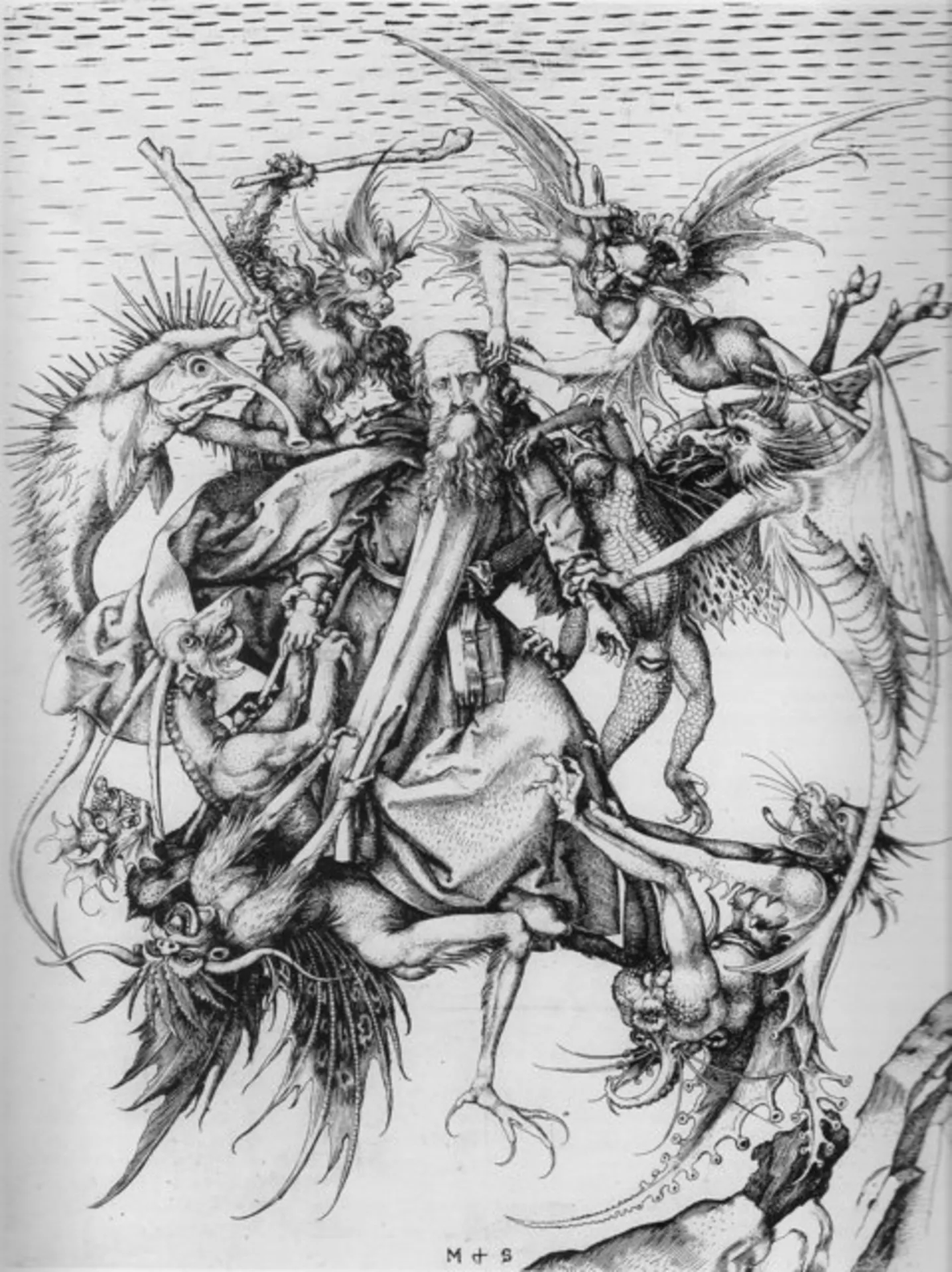 <ul><li><p>Martin Schongauer</p></li><li><p>1480-1490</p></li><li><p>engraving </p></li></ul><p></p>