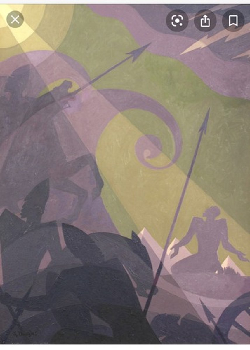 <p>Aaron Douglas, painting biblical inspiration, hints at danger while also hope, led Harlem Renaissance, early work was very political, best known for big murals that show continuity, empowerment, and resilience. Style encompasses art deco, geometric, symbolism. Painting is 1/8 series, purple and mustard yellow, focal point is male kneeling, right is uncluttered and left is darker, based on black and white drawings to go wtih spiritual poem, anti-lynching art, references Black Christian traditions</p>