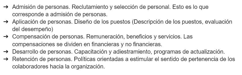 <ol><li><p><strong>Admisión de Personas:</strong> Reclutamiento y selección de personal</p></li><li><p><strong>Aplicación de Personas</strong>: Diseño de los puestos (descripción de los puestos), evaluación de desempeño</p></li><li><p><strong>Compensación de personas: </strong>Remuneración, beneficios y servicios - La compensación se divide en 2 - compensación financiera - compensaciones no financieras</p></li><li><p><strong>Desarrollo de personas:</strong> Capacitación y adiestramiento, programas de actualización</p></li><li><p><strong>Retención de personas</strong>: políticas orientadas a estimular el sentido de pertenencia de los colaboradores a la organización</p></li></ol>