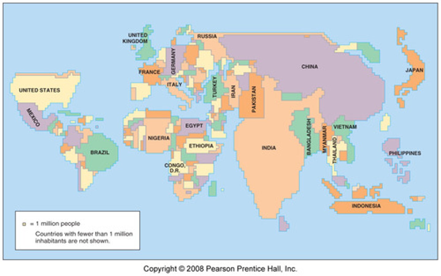 <p>A thematic map that distorts size of landmasses to show information of a variable.</p>