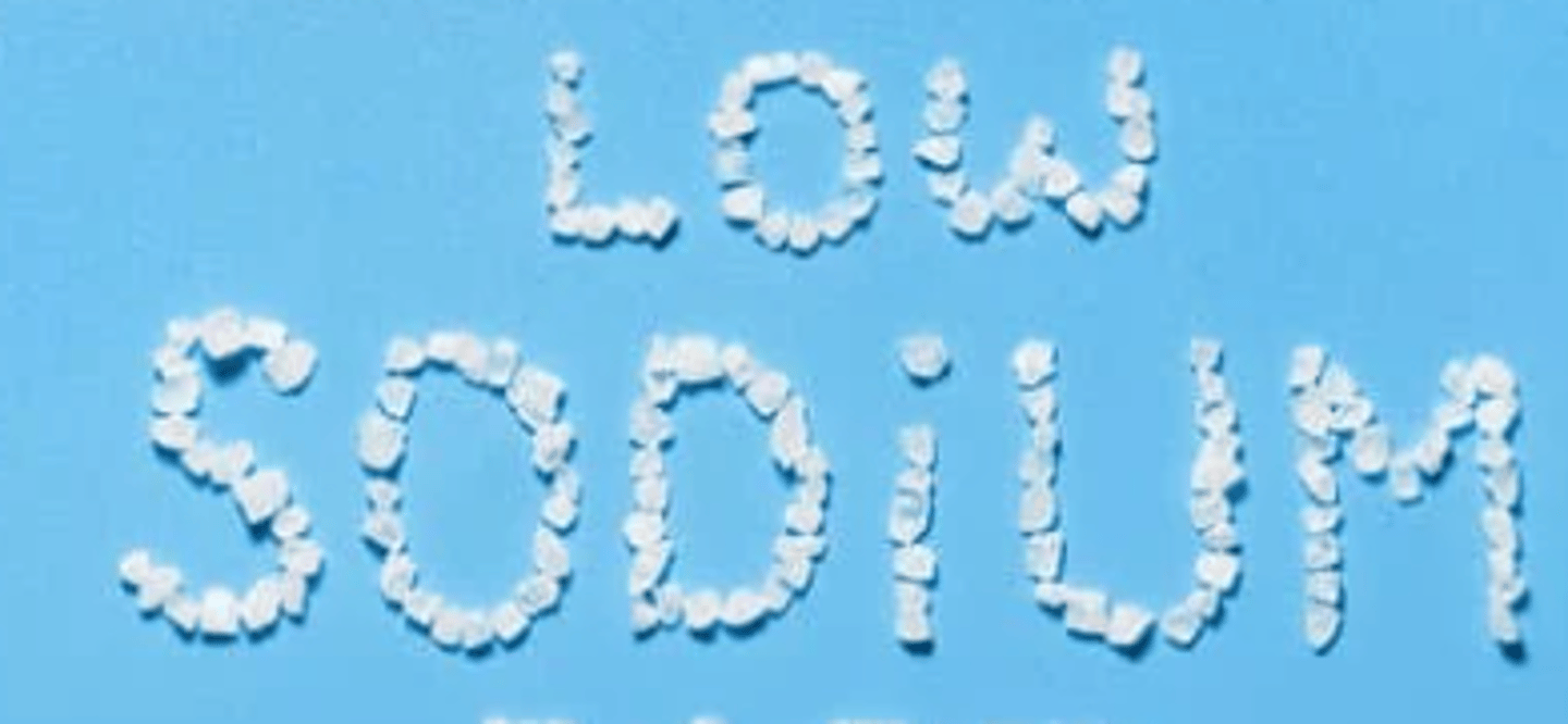 <p>- sodium levels are too low (&lt; 135mEq/L) (low Na+, high H2O)</p><p>- most common cause: loss of sodium via GI or GU; sweating</p><p>(eg. diuretic drugs, dehydration - hyponatremic)</p><p>- tx: D5NS</p>