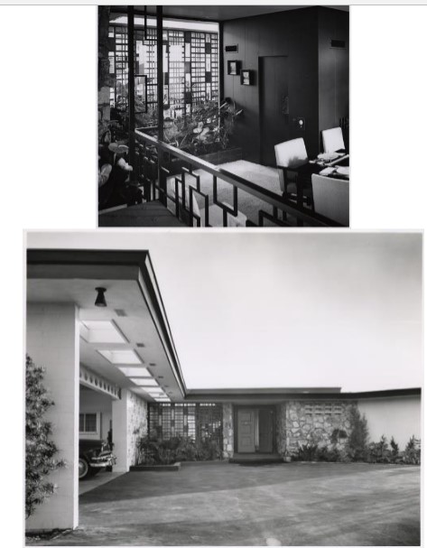 by Paul Revere Williams

Modern language with Asian-influenced details: dividing walls made 
of wood and metal –make smalls spaces appear brighter and larger

Modern built-in cabinets to house the electronics

Emphasis on sound quality: walls of main living space filled with 
special acoustical gravel + powerful speakers installed under the ceiling sheetrock