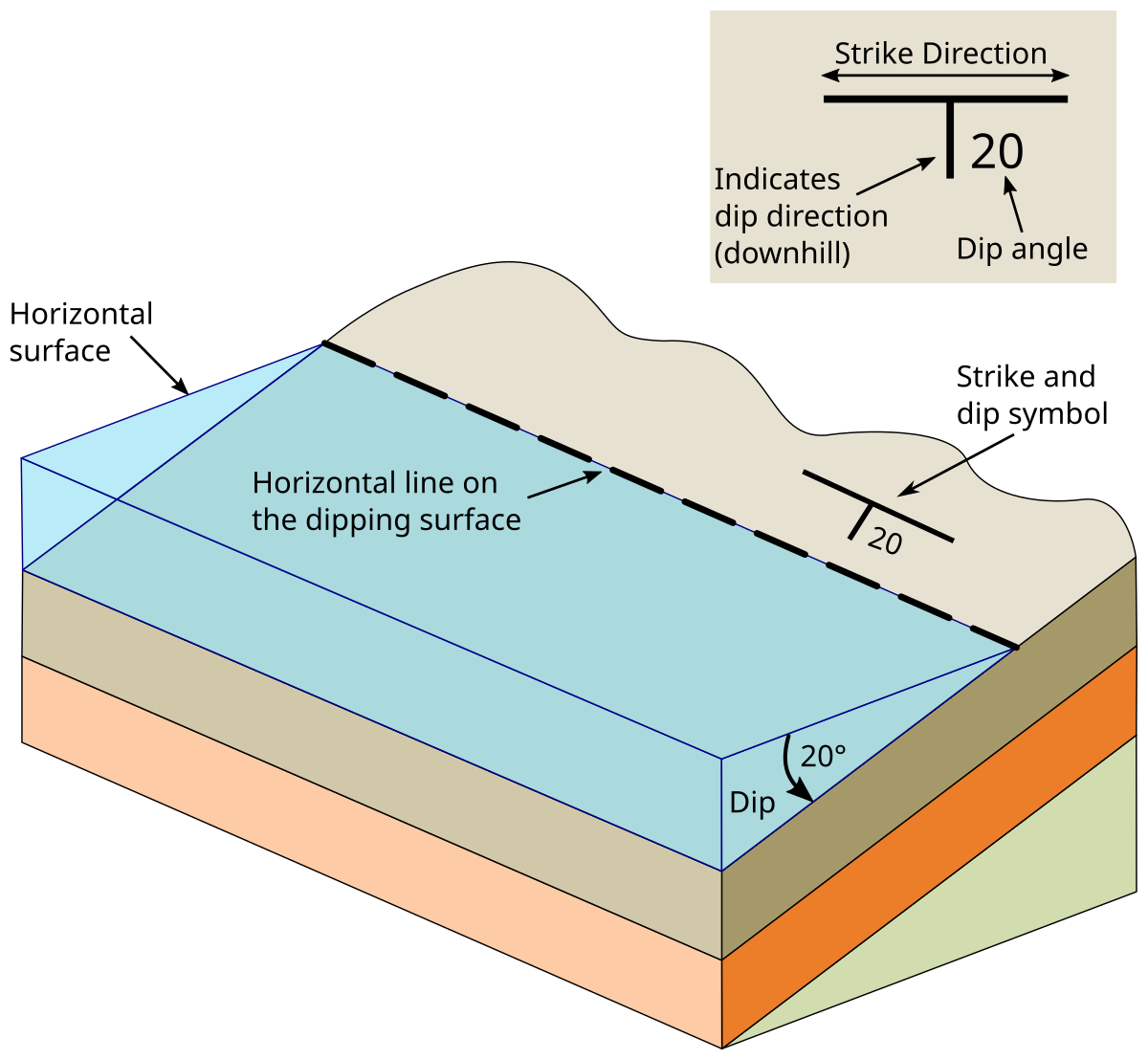 <p>Angle of Dip: the angle and direction of the rock layers tilt when folded</p><p>Line of Strike: perpendicular to direction of dip</p><p>Axial plane:&nbsp;<span>imaginary surface that divides a fold as symmetrically as possible, in which the hinge line lies</span></p>
