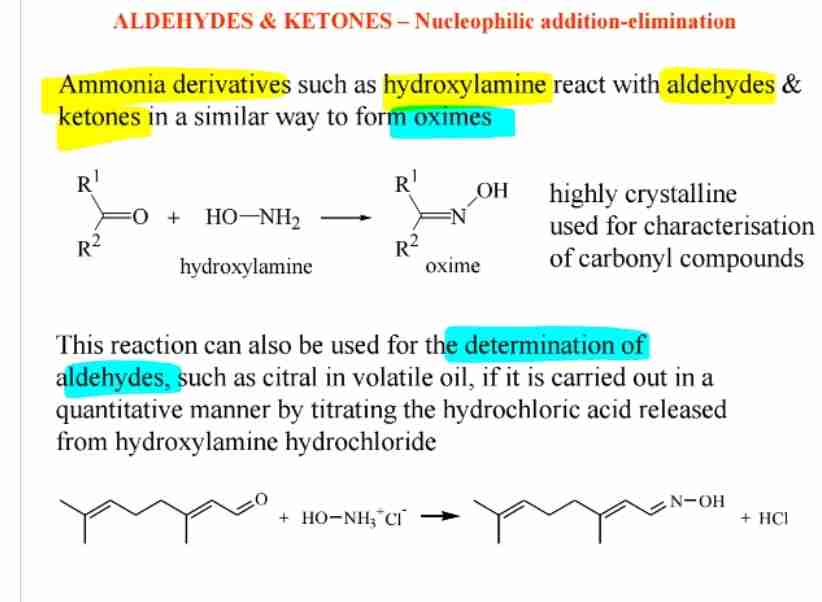 <p><span>Aldehydes react with hydroxylamine to form oximes, useful for characterization.</span></p>