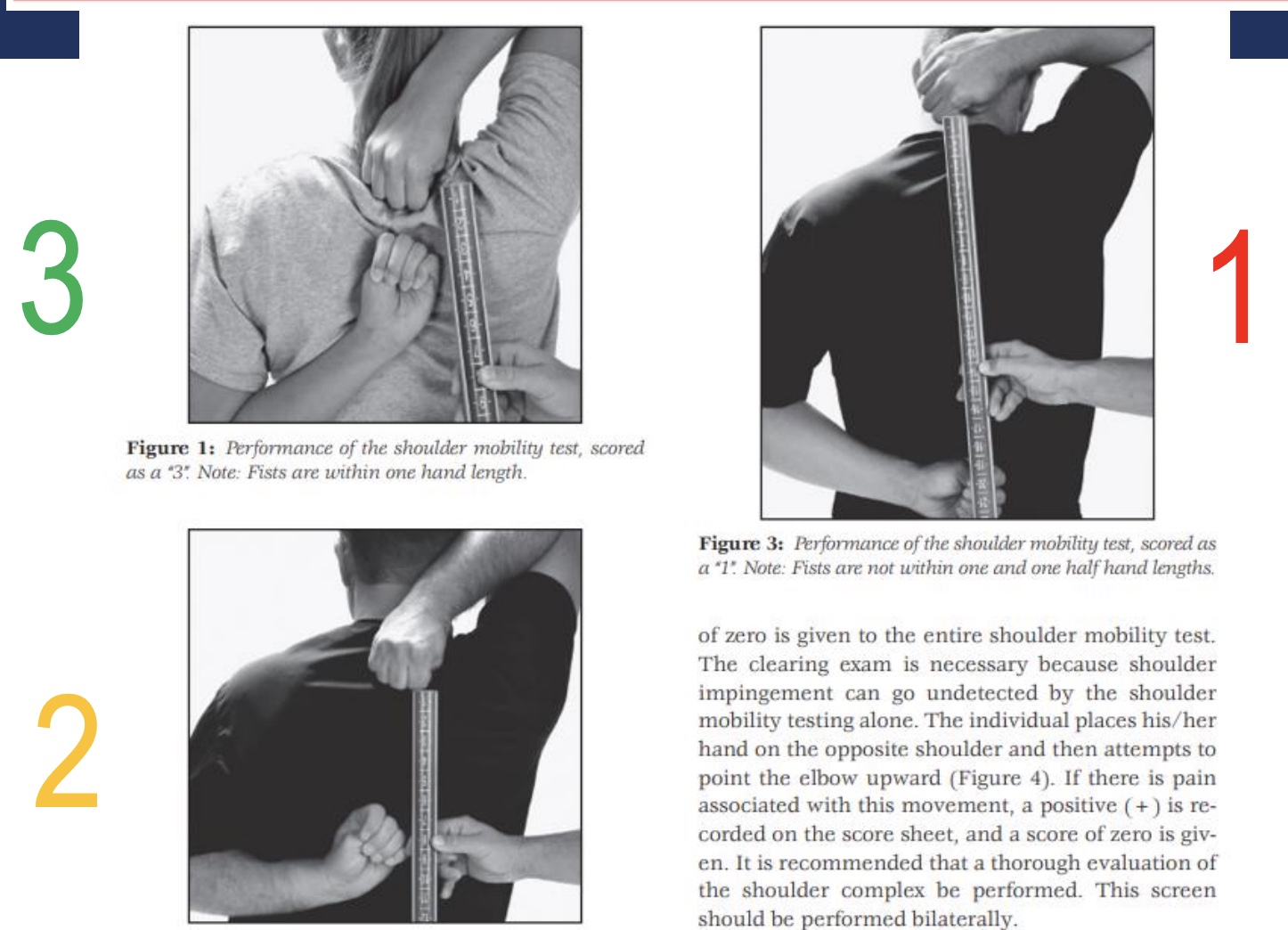 <p><strong>-Purpose:</strong> Assess bilateral shoulder ROM and thoracic spine extension. </p><p><strong>-Key Observations:</strong> Internal/external rotation symmetry </p><p><strong>-Common Compensations:</strong> Lumbar extension or scapular winging. Asymmetrical reach distance.</p>