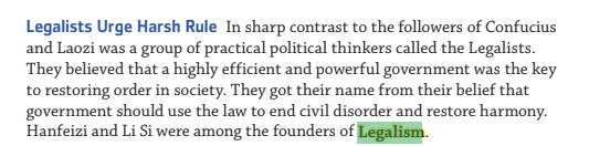 <ul><li><p>Developed during the 400s BC.</p></li><li><p>A highly efficient and powerful</p><p>government is the key to social order.</p></li><li><p>Punishments are useful to maintain</p><p>social order.</p></li><li><p>Thinkers and their ideas should be</p><p>strictly controlled by the government.</p></li></ul><p></p>