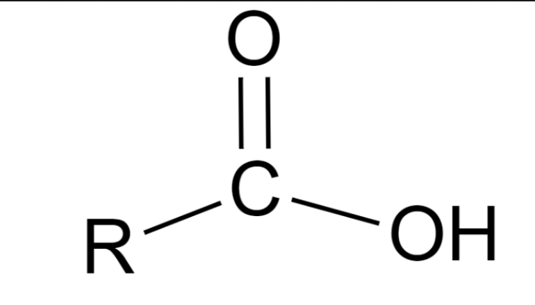<p>Carbon is double bonded to one Oxygen, bonded to one OH and bonded to a chain.</p>