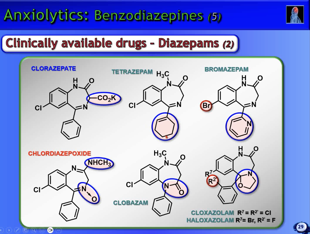 <ul><li><p>tetrazepam + bromazepam → doesn’t hv a benzene ring</p><ul><li><p>bro → also weak basicity, and has a Br instead of Cl/F</p></li></ul></li><li><p>clobazam → lactam unit at the top + at the bottom</p><ul><li><p>has a tertiary amine unit</p></li></ul></li><li><p>cloxa + haloxa → unusual oxazolidine ring system</p></li><li><p>clorazepate → CO2K prodrug to improve aq solubility</p></li></ul><p></p>