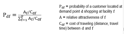 <ul><li><p>Typically used to address the following question;</p><ul><li><p>What is the likelihood that a customer will shop at a particular store given the presence of competitors?</p></li></ul></li><li><p>Demand is allocated to facilities within a cutoff as follows;</p><ul><li><p>demand = weight x P</p></li></ul></li></ul>