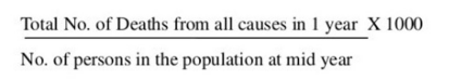 <ul><li><p>The total amount of death in a population</p></li><li><p>Describes the total population which is used as the denominator in the computation</p></li></ul><p></p>