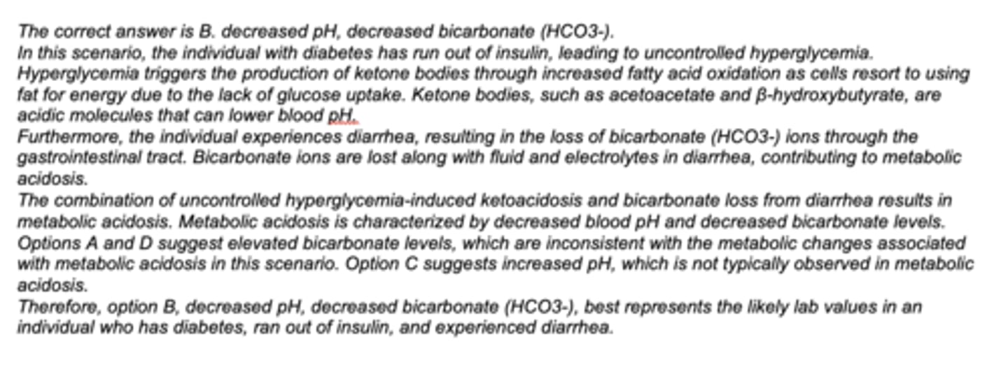 <p>B. decreased pH, decreased bicarbonate (HCO3-)</p>