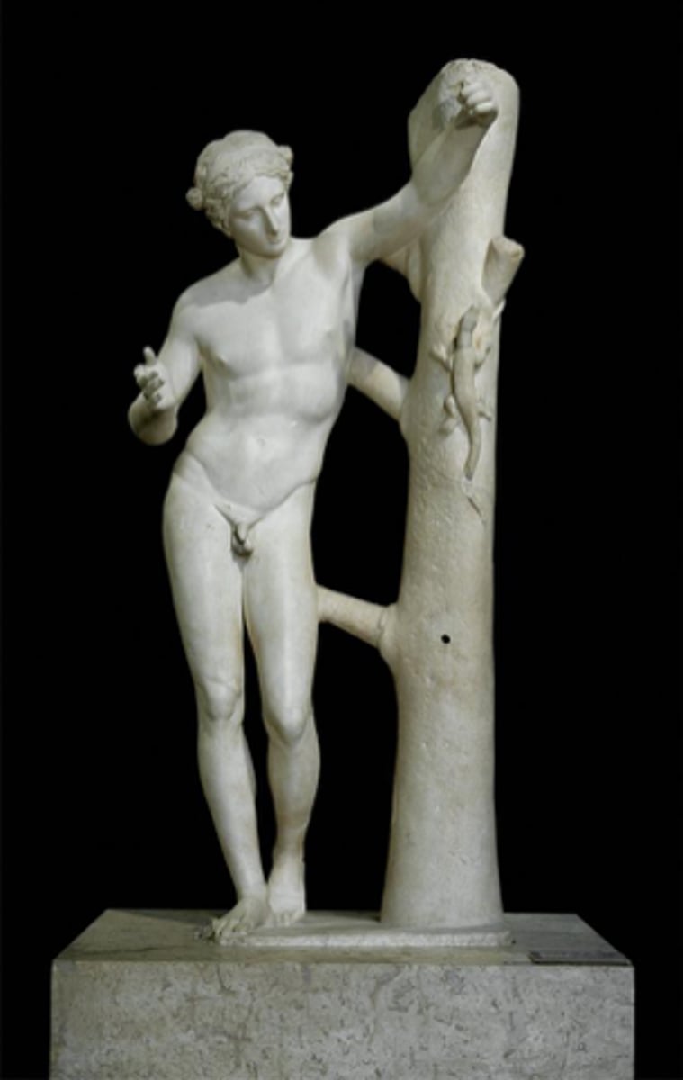 <p>- Retelling of "Apollo and the Python"</p><p>- Apollo looks adolescent and effeminate; hair looks androgenous</p><p>- He leans on a tree trunk with a sharp object in his hand; tree has a little lizard he has to kill</p><p>- Doubt about the gods' power: no idealization; Apollo depicted in a more realistic human form</p>