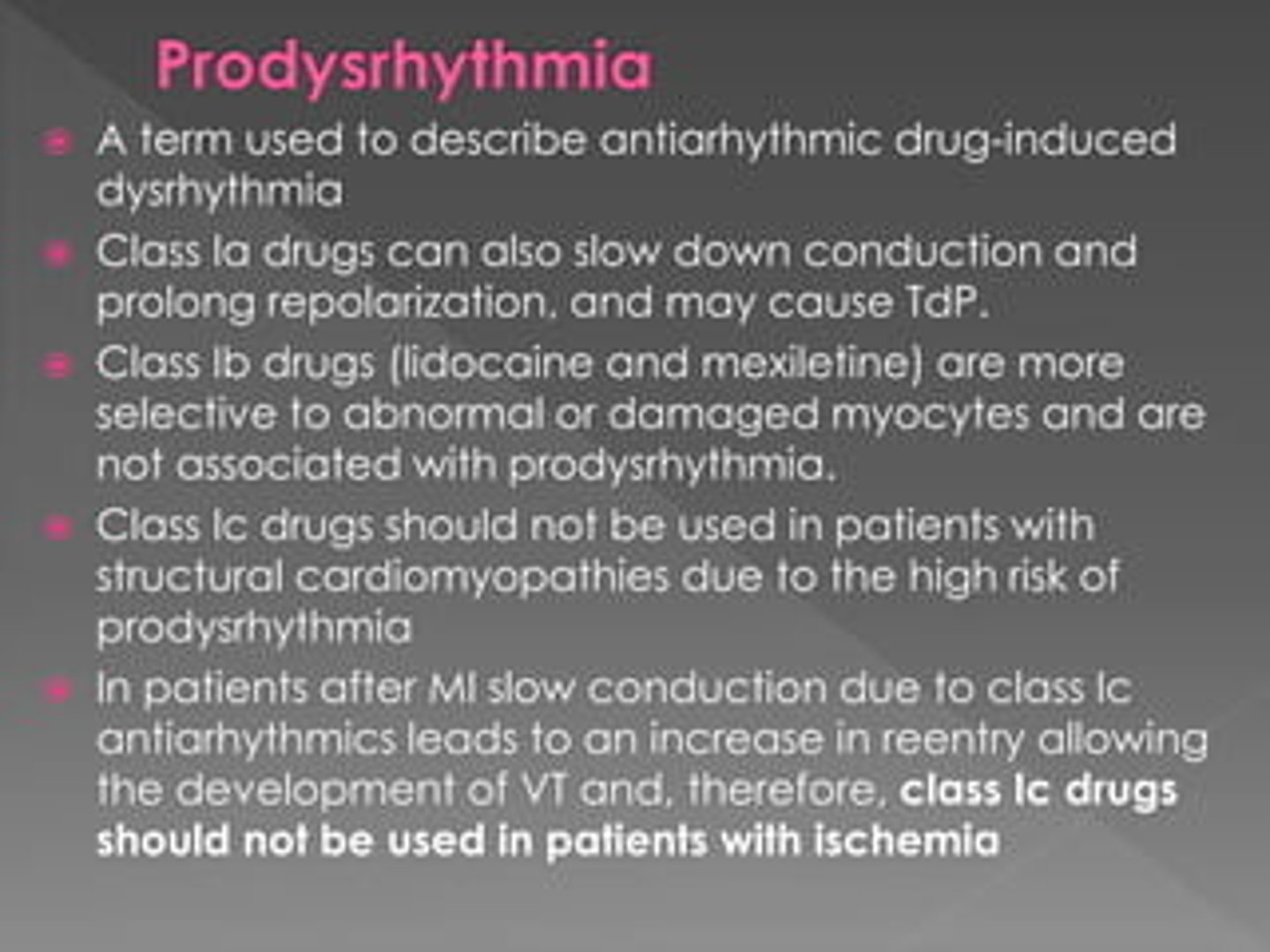 <p>•Can worsen existing dysrhythmias and generate new ones</p><p>•Antidysrhythmic drugs should only be used when dysrhythmias are symptomatically significant</p><p>•Risks vs benefits should be considered</p>