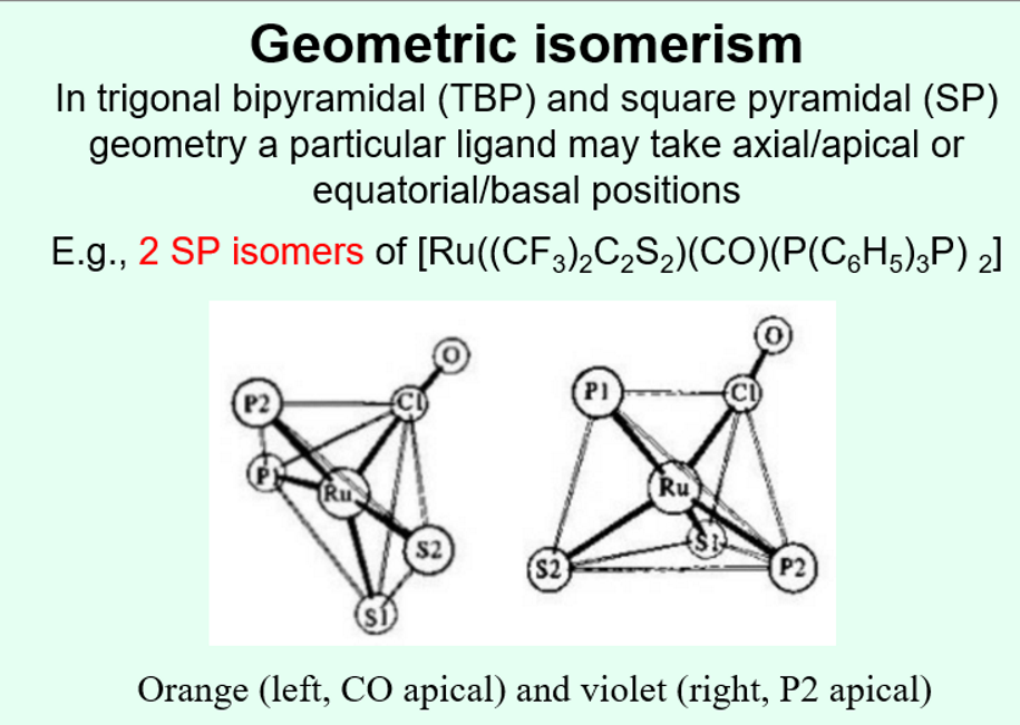 <ul><li><p>axial/apical or equatorial/basal position isomerism </p></li><li><p>particular ligands may take the axial or equatorial positions and this can in some cases change the colour of the complex. </p></li></ul><p></p>