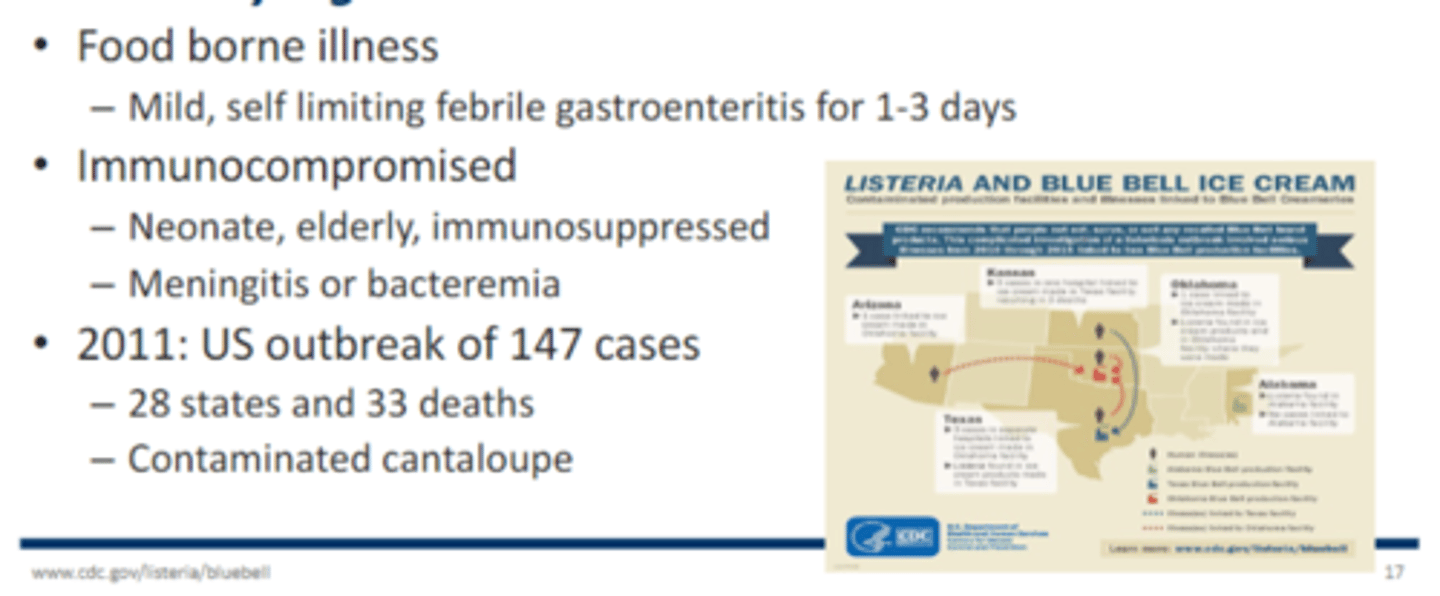 <p>• Food borne illness</p><p>– Mild, self limiting febrile gastroenteritis for 1-3 days</p><p>• Immunocompromised</p><p>– Neonate, elderly, immunosuppressed</p><p>– Meningitis or bacteremia</p>