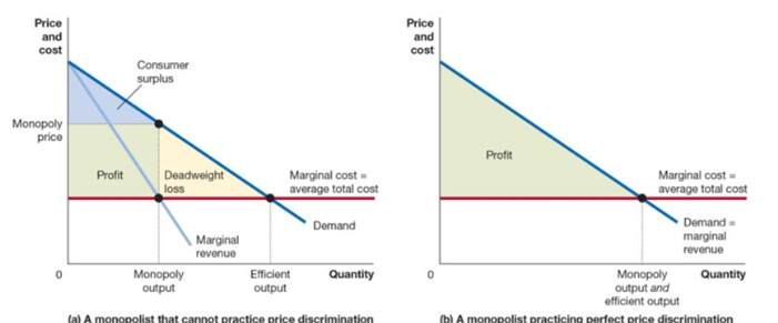 <p>charging every consumer a price exactly equal to their willingness to pay for it</p><ul><li><p>every consumer would by the product, but consumer surplus would be zero, the firm would extract all surplus from the market</p></li><li><p>shows that price discrimination might increase economic efficiency</p></li></ul><p></p>