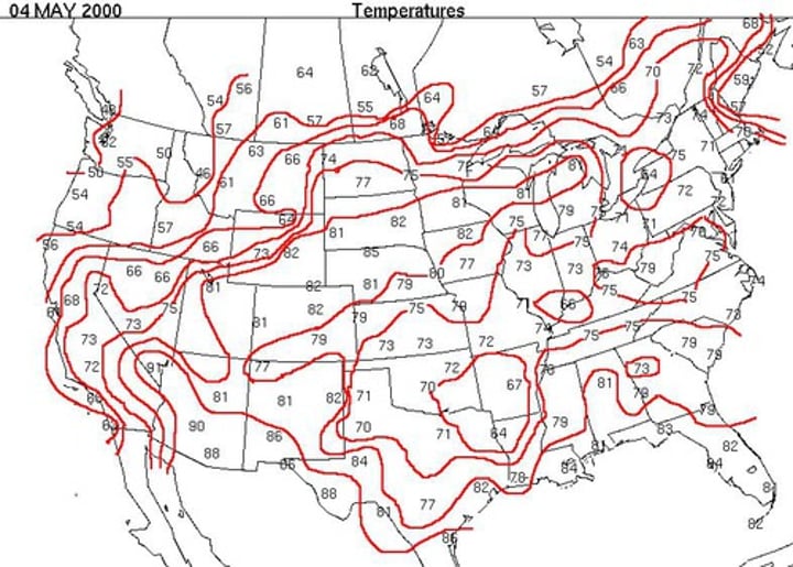 <p>a map using lines to connect locations of equal data value</p>