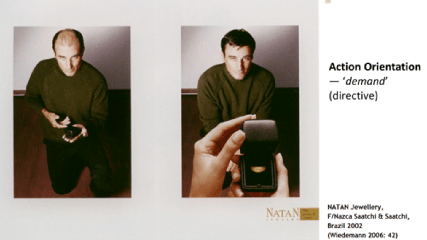 <p>Pictures can offer information or demand action</p><p>Demand (directive - Kontakt zwischen dargestellten Teilnehmern und Betrachter besteht) and offer (representative - Kontakt besteht nicht)</p>