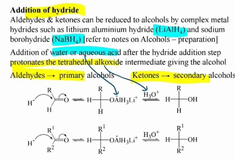 <p>Aldehydes → Primary alcohols, Ketones → Secondary alcohols (reagents: NaBH4,LiAlH4).</p>