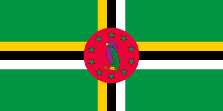 <p>Sisserou parrot (<em>Amazona imperialis</em>) = national bird emblem, endemic to the country and an endangered species.</p><p>Green field = the lush vegetation of the island. </p><p>Cross = the Trinity and Christianity.</p><p>Three colors of the cross = the natives, the fertile soil, and the pure water. </p><p>10 green five-pointed stars = the country's 10 parishes.</p><p>Red disc = justice.</p>