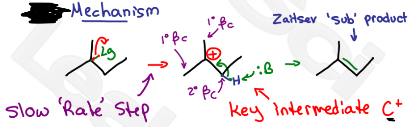 <p>which mechanism?</p><p><mark data-color="yellow" style="background-color: yellow; color: inherit">C+ (carbocation intermediate), pi bonds between alpha and beta</mark></p>