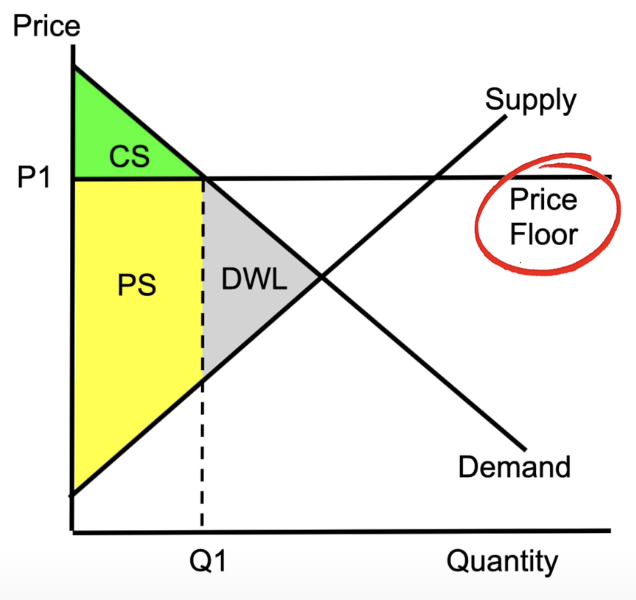 <ul><li><p>eg. the price can’t fall below a certain point</p></li><li><p>causes smaller consumer surplus and larger producer surplus</p></li><li><p>creates dead weight loss: producing more than they want</p></li></ul><p></p>