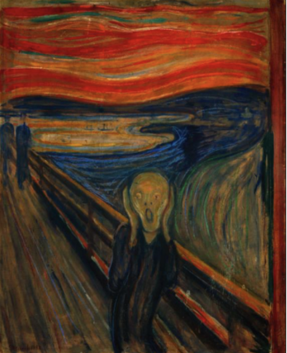 <p>tempura and pastels on cardboard, National Gallery, Oslo</p><p>Munch from Norway </p><p>more abstract, flattened figure, using color to express psychology</p><p>based on an experience he had as an experience of horror as everything around his is swirling</p><p>figures behind him don’t understand what is happening because it is all in his head</p>