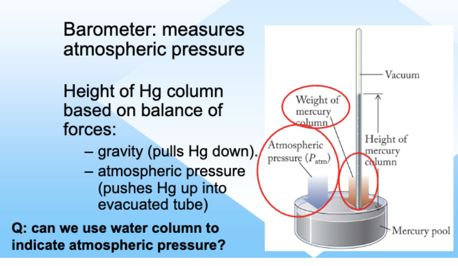 <ul><li><p>using mercury to measure pressure </p></li><li><p>High pressure: when atmospheric pressure inc (heavier air) it pushes harder on the dish, forcing mercury levels up the tube</p></li><li><p>low pressure: when pressure dec, theres less downward push, and mercury in the tube falls back down into the reservoir </p></li><li><p>the height in mm indicates current air pressure, higher #=higher pressure </p></li></ul><p></p>