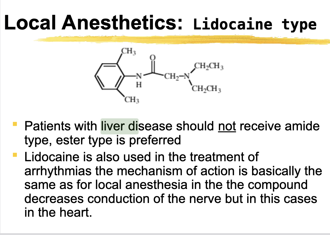 <p>Should <strong>not </strong>receive Lidocaine (lidocaine = liver)</p><p></p><p>If Lidocaine is metabolized by the liver then WHY would you give it to someone with liver disease. Use a ester Benzoic acid or PABA type instead </p>