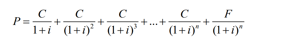 <p>P = market price of coupon bond </p><p>C = yearly coupon payment</p><p> F = face value of the bond (also known as par value) </p><p>n = years to maturi</p>