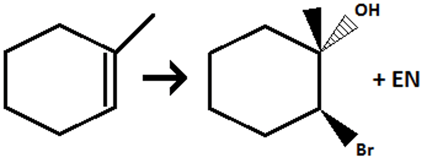 <p>Adds anti. +/-</p><p>OH adds markovnikov.</p><p>Can add syn when tertiary carbocation.</p>